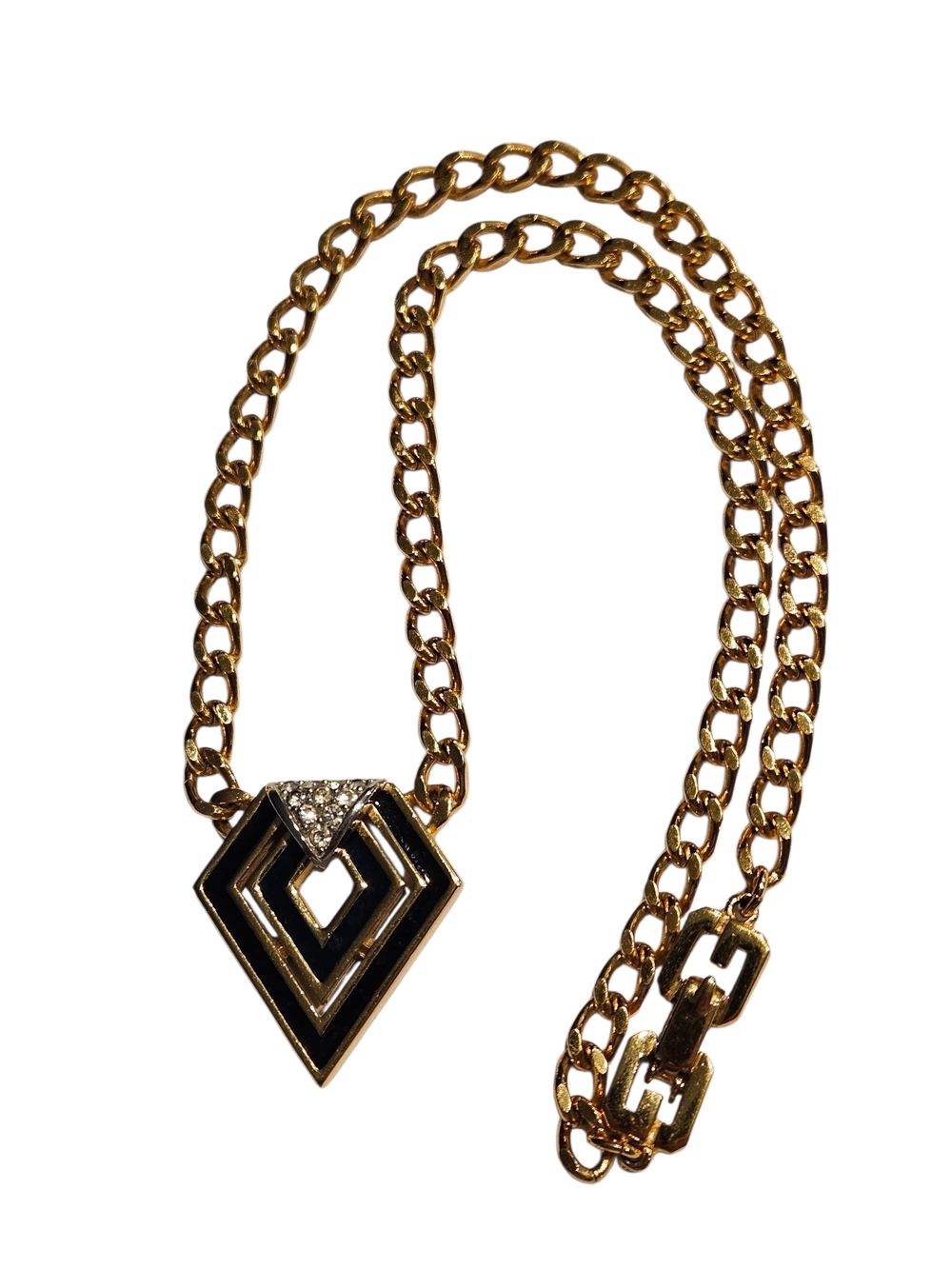 1979 Givenchy Vintage Gold Chain Choker Necklace Black Enamel Crystal Pendant - Picture 5 of 16